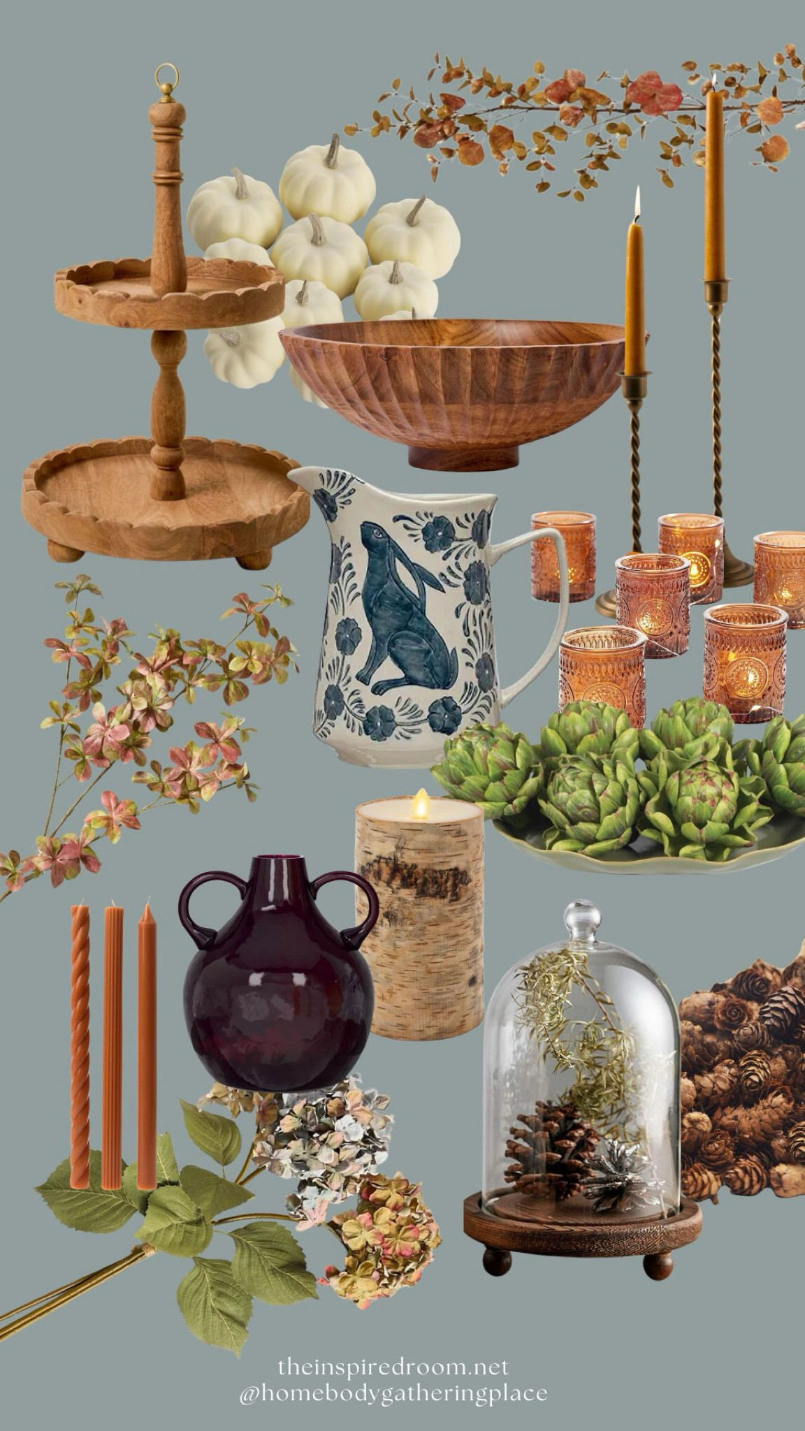 Fall capsule decor - taper candles, candlesticks, glass cloche, wood bowl, faux fall foliage, pinecones, pumpkins, tiered stand, artichokes, vases, blue and white bunny pitcher 

#LTKHome #LTKSeasonal #LTKStyleTip