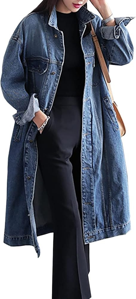 Jofemuho Womens Classic Long Jean Jacket Plus Size Loose Long Sleeve Button Down Denim Jacket Tre... | Amazon (US)