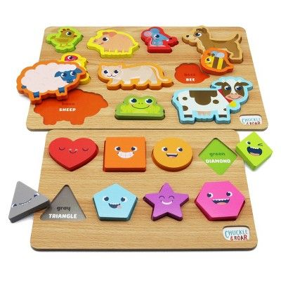 Chuckle &#38; Roar 2pk of Wood Puzzles - Shapes &#38; Animals Learning Puzzles | Target