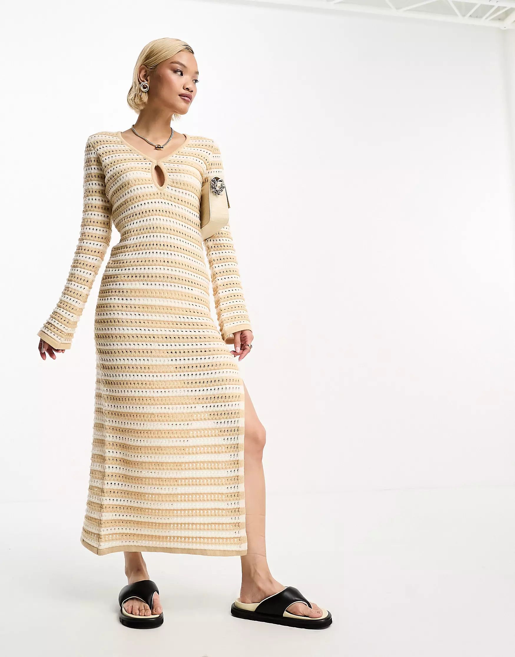 4th & Reckless crochet side split maxi dress with thigh split in beige stripe | ASOS (Global)