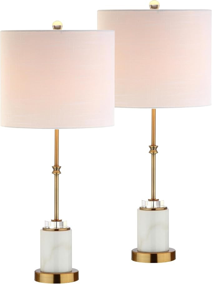 JONATHAN Y 27" Marble and Brass Gold Table Lamp Set of 2, Modern Glam Crystal Column Lamp with Wh... | Amazon (US)