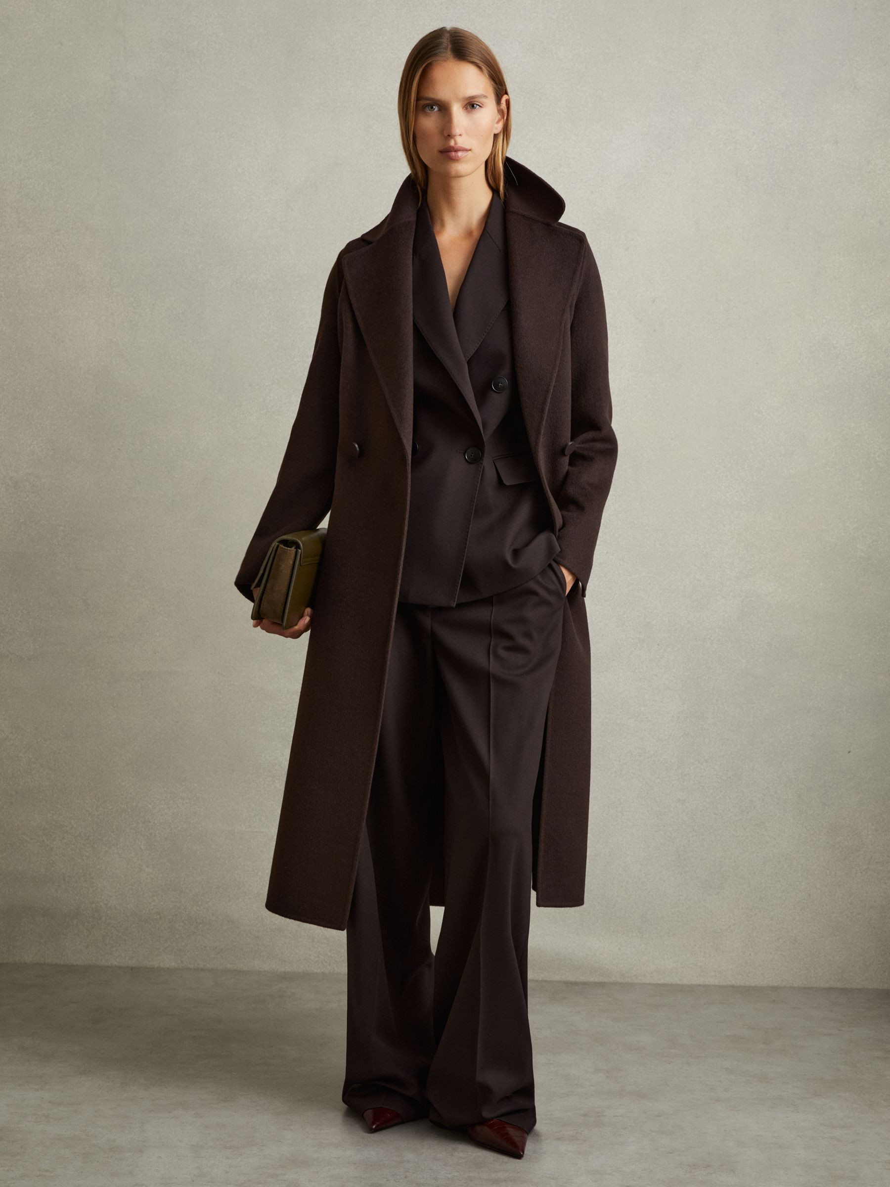 Reiss Wool-Blend Double-Breasted Blindseam Coat in Chocolate | REISS | Reiss US