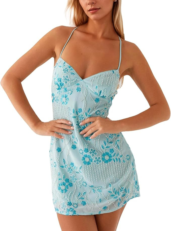 MISSACTIVER Sleeveless Sequin Dress for Women Backless Criss Cross Straps Mini Dress Sexy Sparkle... | Amazon (US)