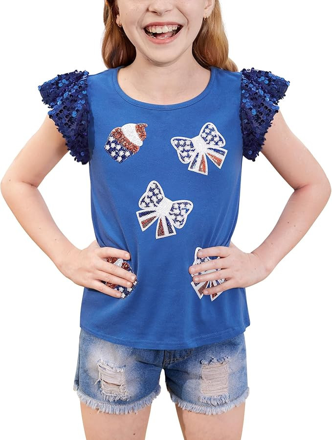 BesserBay Girls 4th of July Sequin Ruffle Sleeve Tank Top Crew Neck Red White Blue Shirt 4-12 Yea... | Amazon (US)
