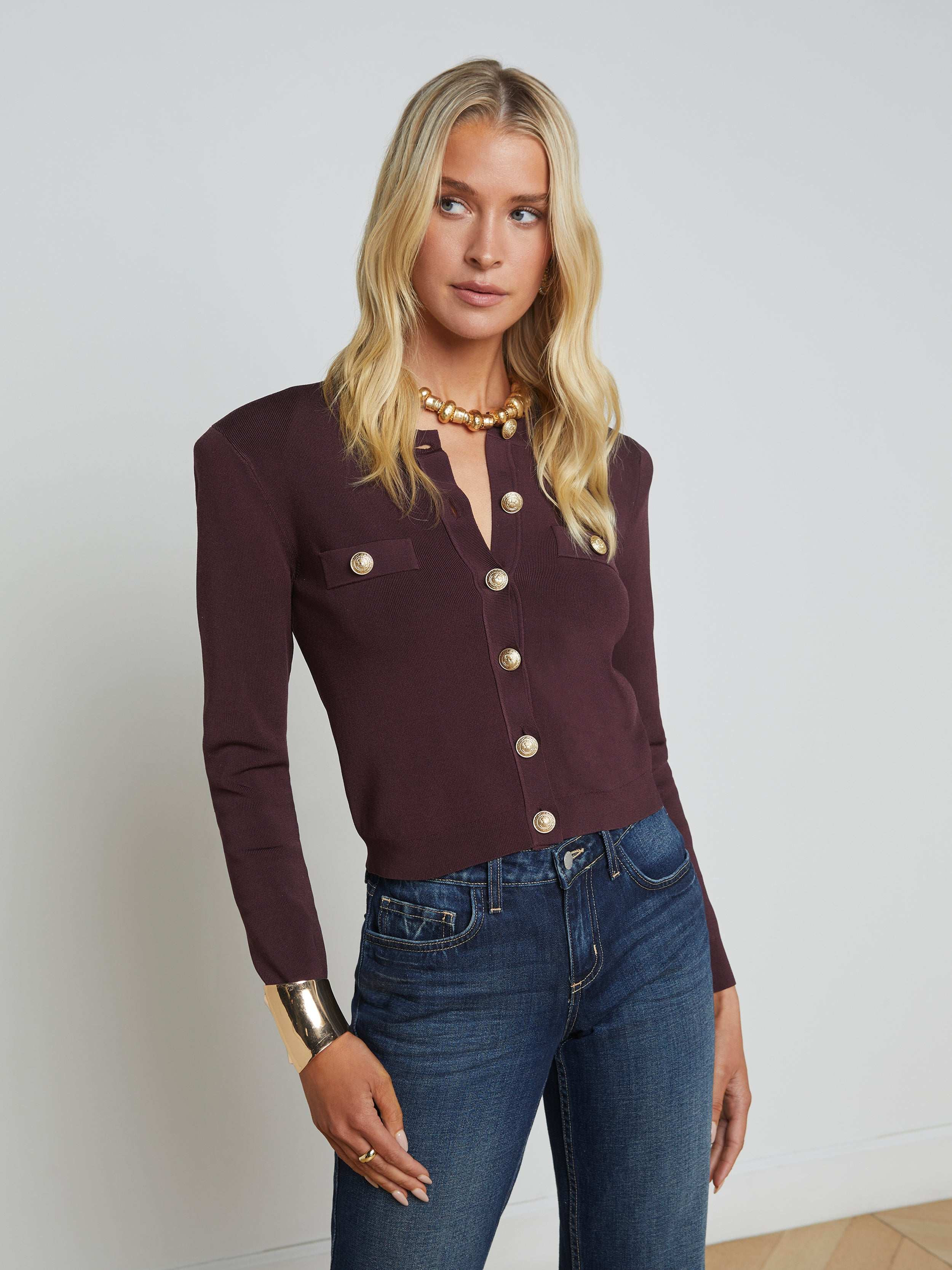 L'AGENCE - Toulouse Cardigan in Dark Syrah/Gold | L'Agence