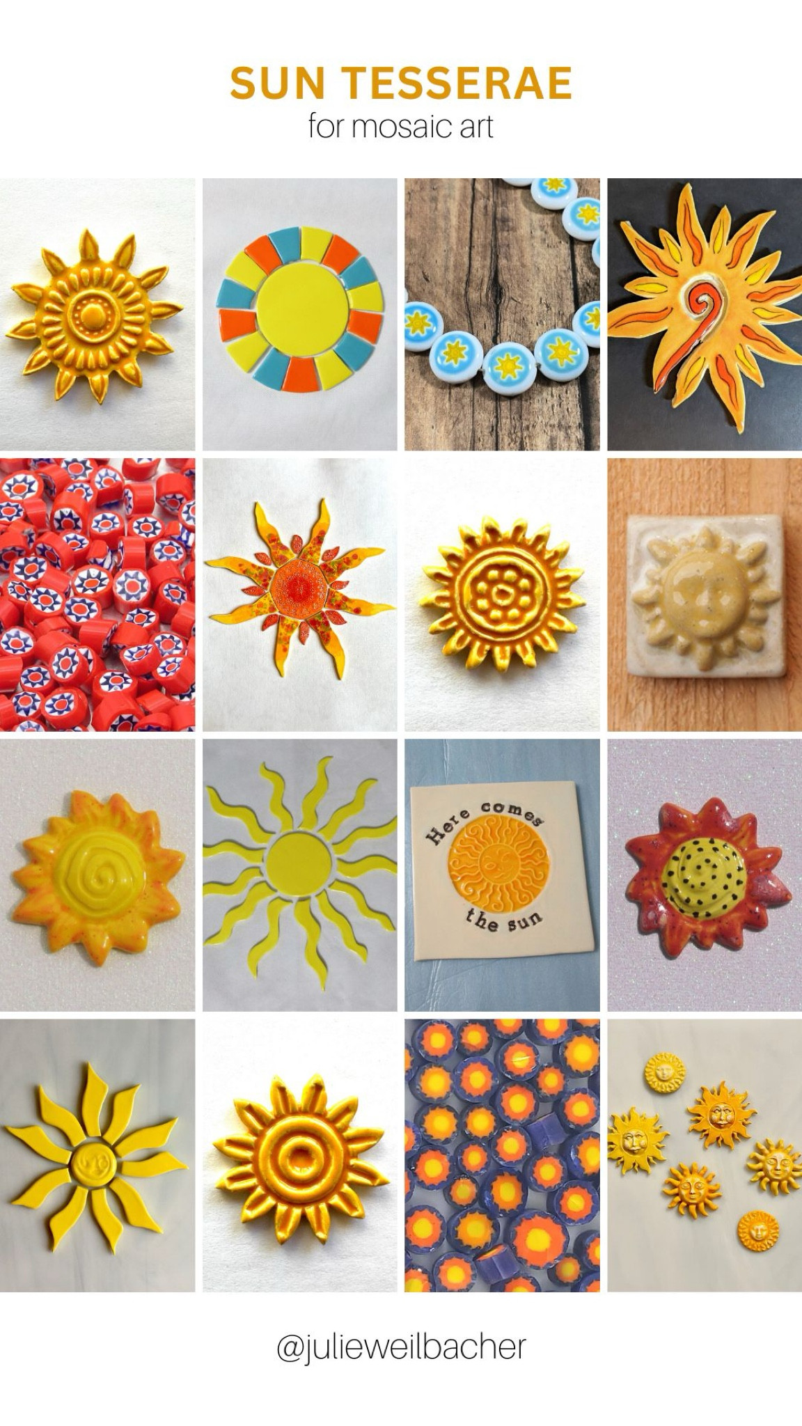 Sharing some adorable sun tesserae for your next mosaic project. ☀️ Choose from materials like handmade ceramics , stained glass, glass beads, and murrini. ☀️ For mosaic tips, tutorials, inspiration, and so much more please visit my YouTube channel: YouTube.com/julieweilbacher. Follow @julieweilbacher on Instagram for all things mosaic art. sun art - here comes the sun - mosaic - you are my sunshine - mosaics - ceramics - stained glass - glass beads - handmade tile - crafts night - glass crafts - sun rays - sunshinee

#LTKHome #LTKFindsUnder50
