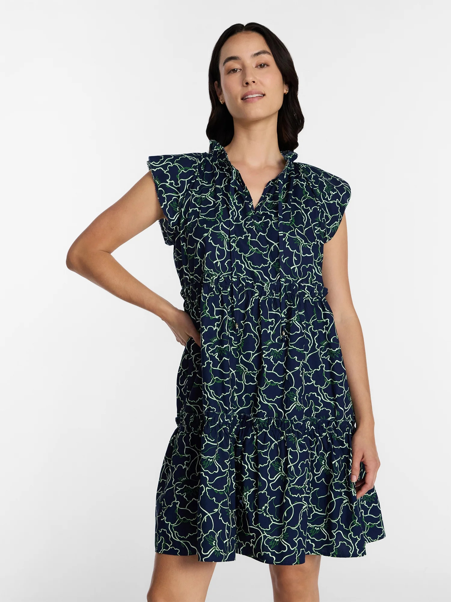 Time and Tru Women's Tiered Cotton Mini Dress with Flutter Sleeves, Sizes XS-4X | Walmart (US)