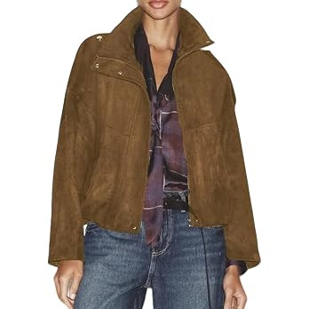 Megfie Women's Faux Suede Funnel Neck Cropped Jacket with Shoulder Straps | Amazon (US)