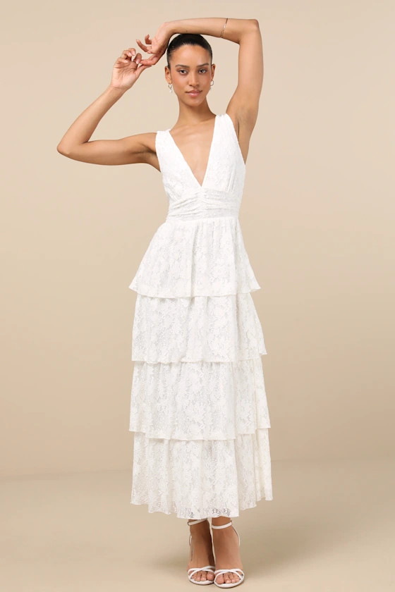 Ezzie White Lace Tiered Midi Dress | Lulus
