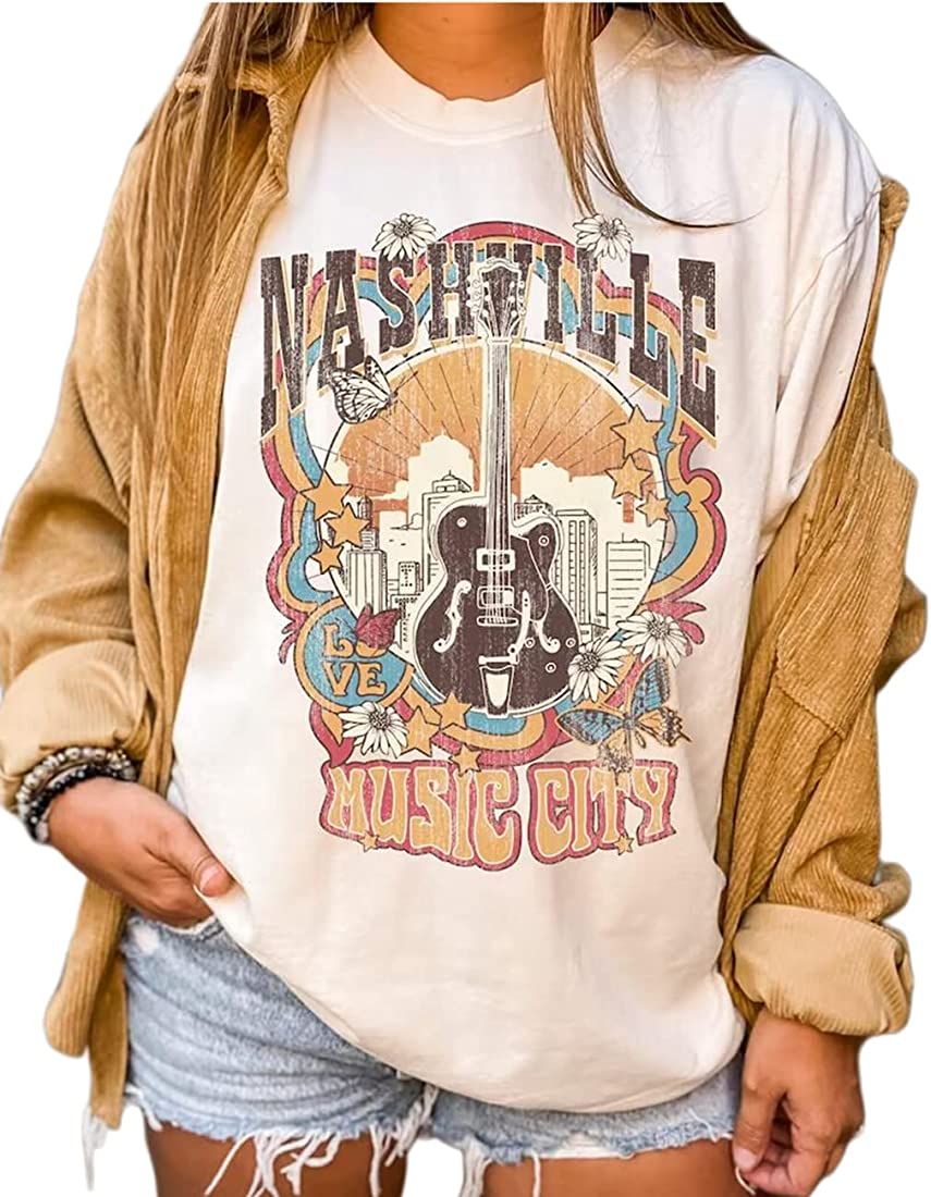 Nashville Shirts Women Country Music Concert Outfits Casual Rock Band Graphic Tee Tops Rock&Roll T S | Amazon (US)