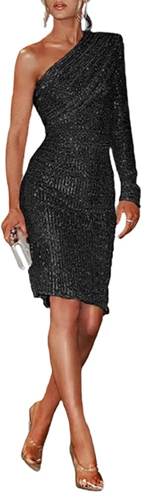 DUBACH Women Fashion V-Neck Surplice Wrap Ruched Sequins Bodycon Dress | Amazon (US)