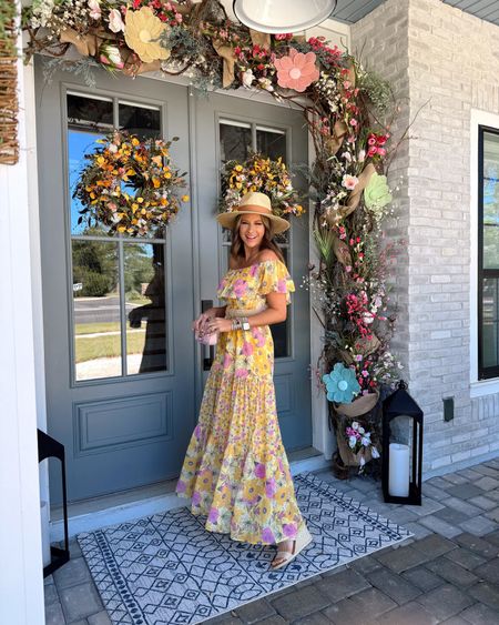 In a small off shoulder yellow floral maxi, wedges, hat, bag and accessories for spring - all fits TTS.

#LTKfindsunder50 #LTKSeasonal #LTKstyletip