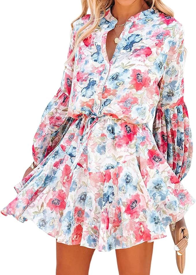 Womens 2023 Spring Summer Boho Long Sleeve Flowy Dresses Floral Button Down Lantern Sleeve Tie Wa... | Amazon (US)