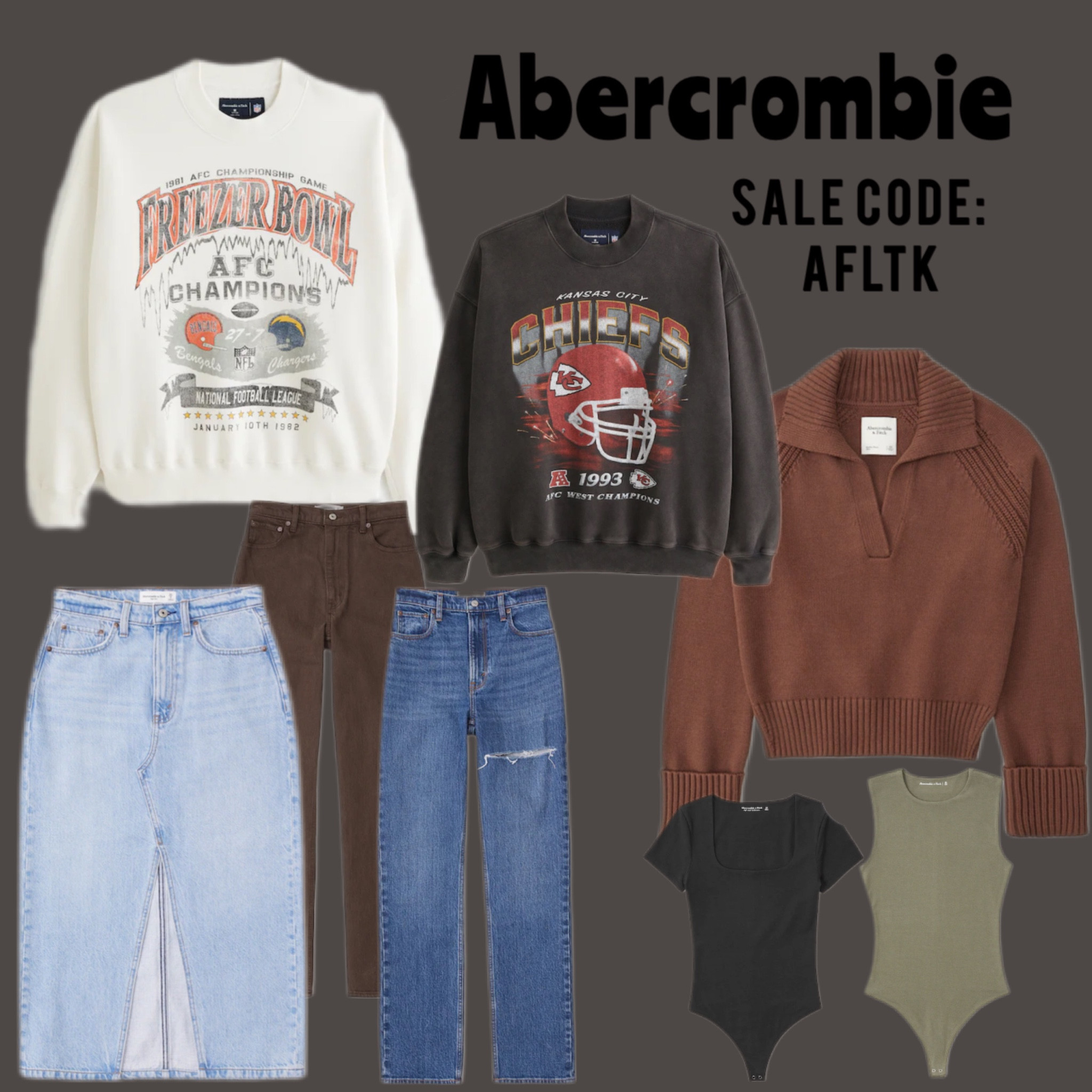 Abercrombie use code AFLTK to save! 
Some of my favorite jeans and bodysuits. Football crewnecks!

#LTKsalealert #LTKfindsunder100 #LTKSale
