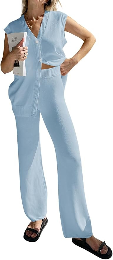 Tankaneo Womens Knit 2 Piece Outfits Sets Sleeveless Button Down Vest Tops Wide Leg Pants Lounge ... | Amazon (US)