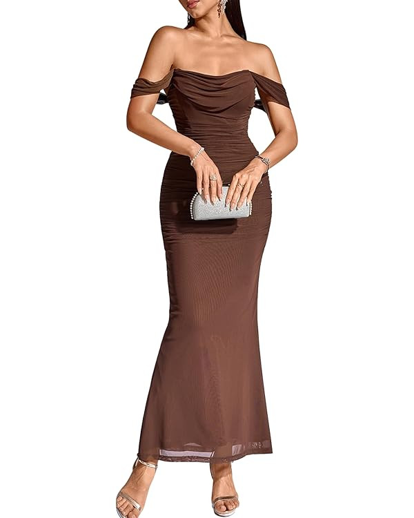 KUTUMAI Off The Shoulder Maxi Long Dress Corset Ruched Bodycon Formal Wedding Guest Dresses for W... | Amazon (US)