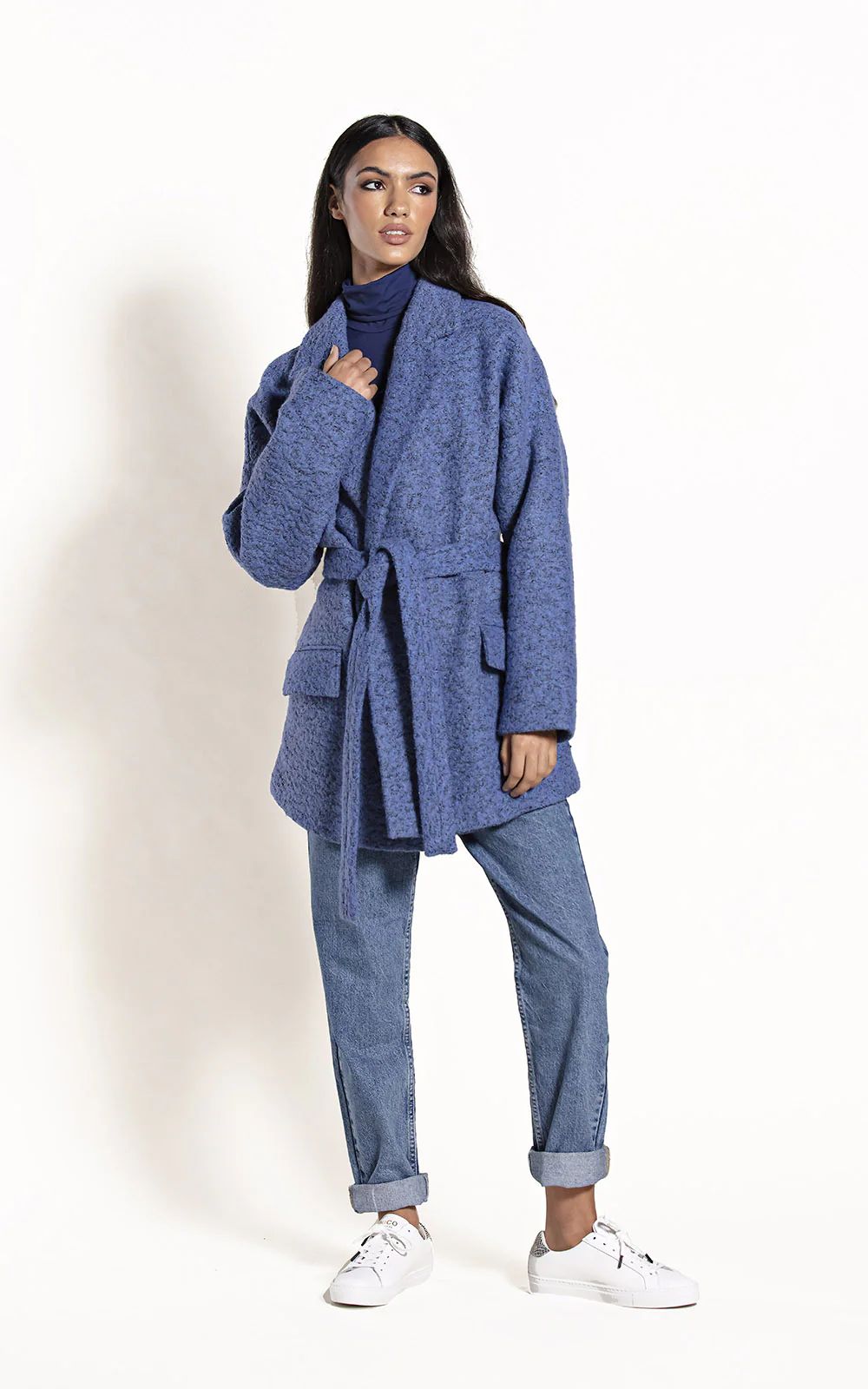 Mid Boucle Coat Blue/Blk | Poco By Pippa