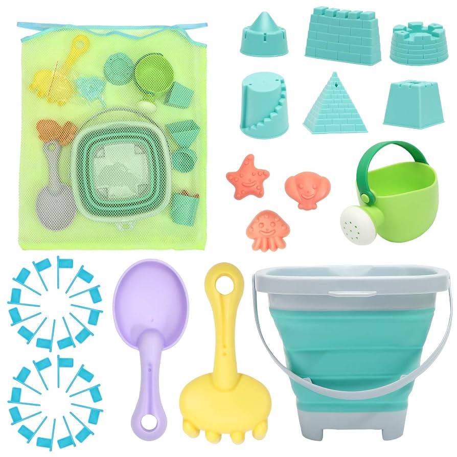 Beach Toys Sand Set for Kids, Collapsible Bucket and Shovels with Mesh Bag, Molds, Flags, Sandbox... | Amazon (US)