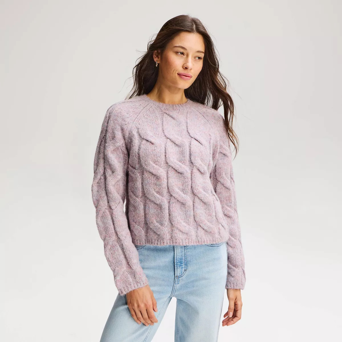 Women's Cable Crewneck Pullover Sweater - Universal Thread\u2122 Heather Pink XS | Target
