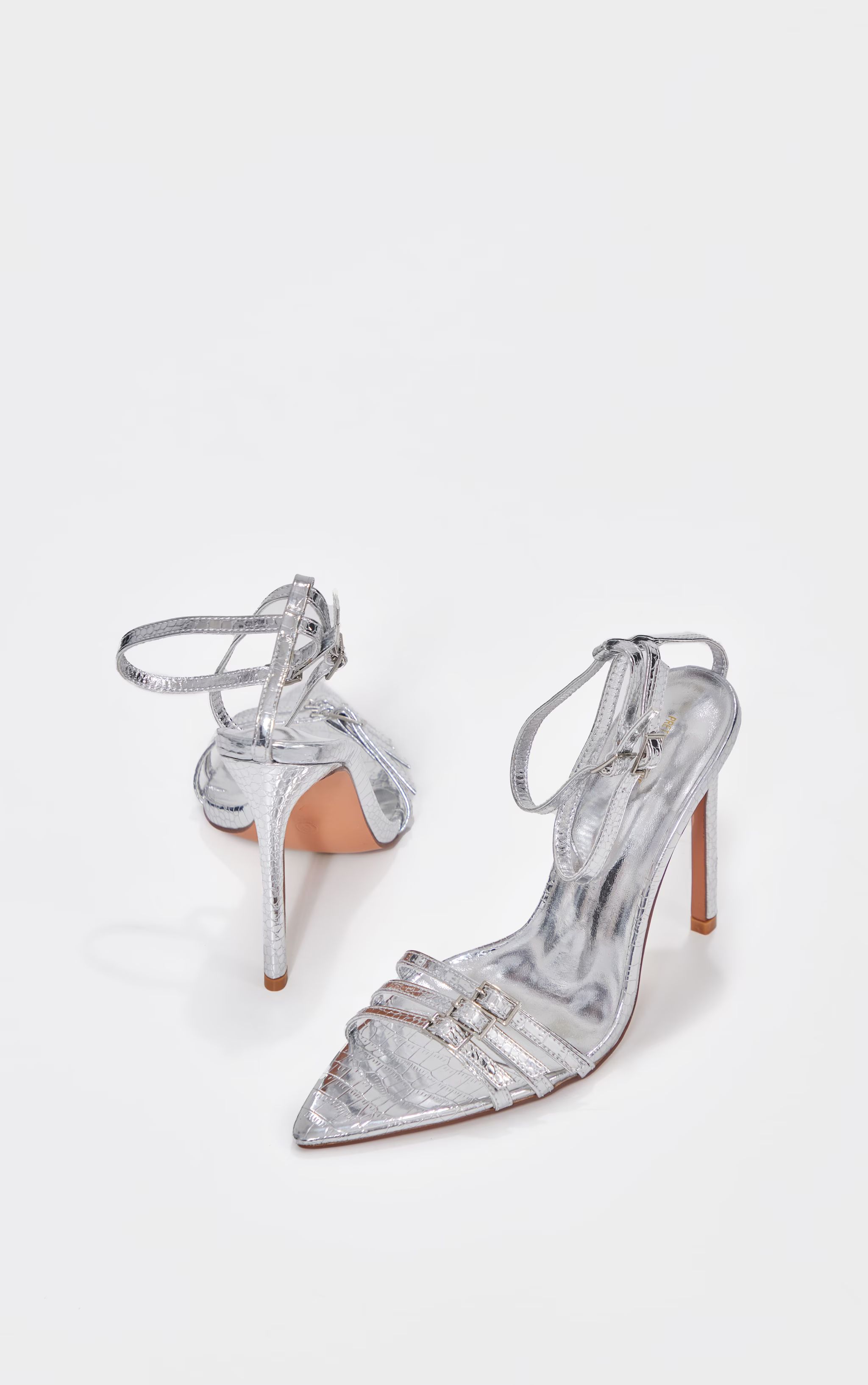 Silver Croc Buckle Detail Heeled Sandals | PrettyLittleThing US