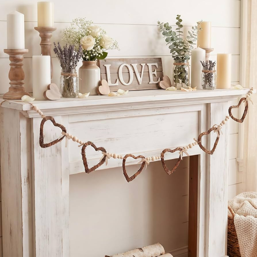 Vintage Rattan Heart Valentines Garland Wood Valentine's Day Beads Garland with Linen Bow Rustic ... | Amazon (US)