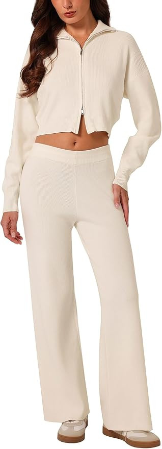 ABOCIW Women's 2 Piece Outfits Ribbed Knit Zip Up Cropped Sweatshirt Wide Leg Pants Sweater Set S... | Amazon (US)