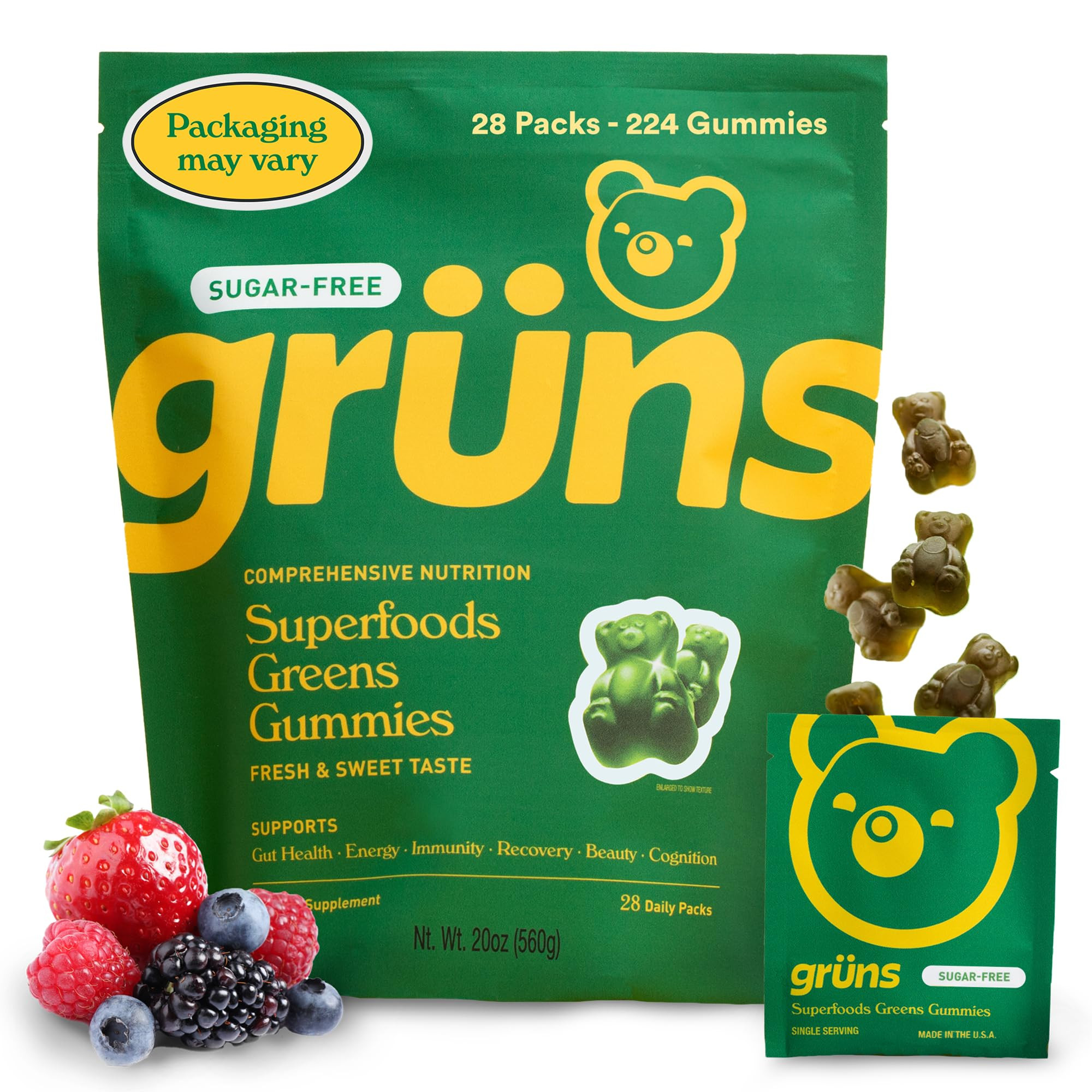 Gruns Adult Sugar-Free Super Greens Gummies, Superfood Gummy Bears with Spirulina, Chlorella, Fib... | Amazon (US)
