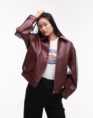 Topshop grain faux leather oversized bomber jacket in burgundy | ASOS (Global)