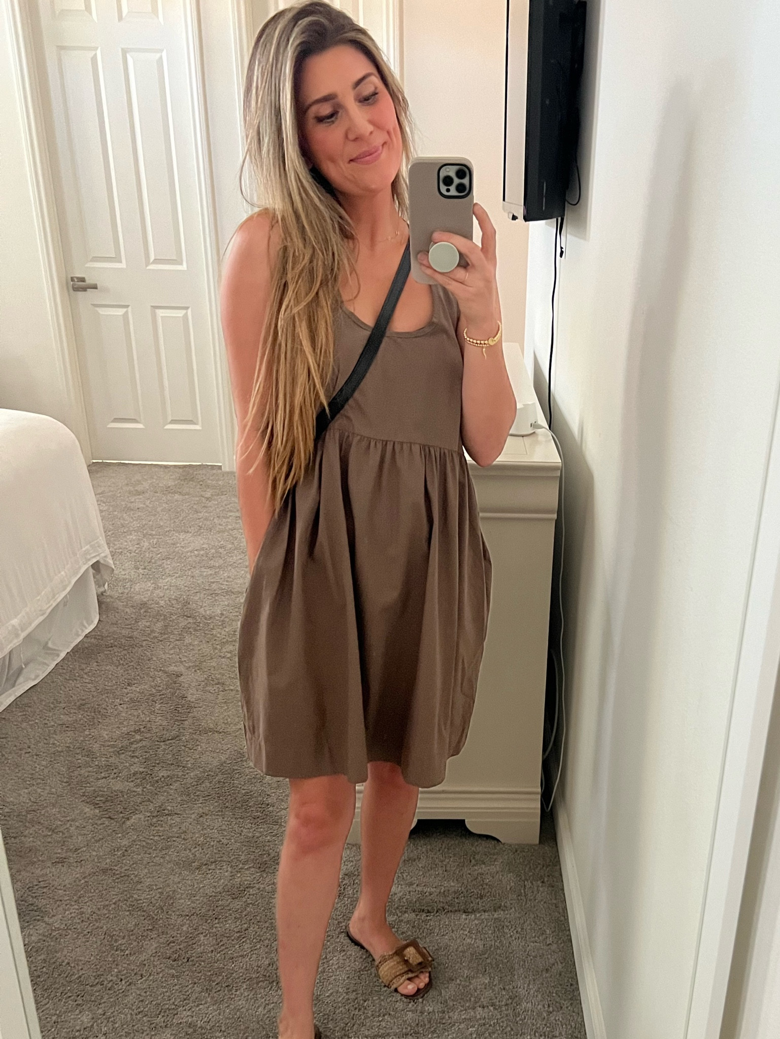 This dress with all colors and true to size maybe even size down! I just wore a bandeau over my strapless bra and it’s perfect for anything! Super light weight and forgiving.  These flats are almost half of what I paid too now 🫠.