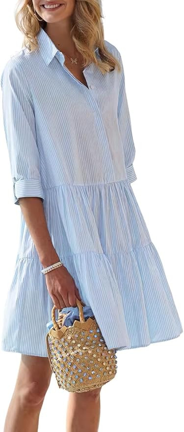 chouyatou Women's Striped Button Down Shirt Dress Loose Casual Cuffed Sleeve Tiered Mini Tunic Dr... | Amazon (US)