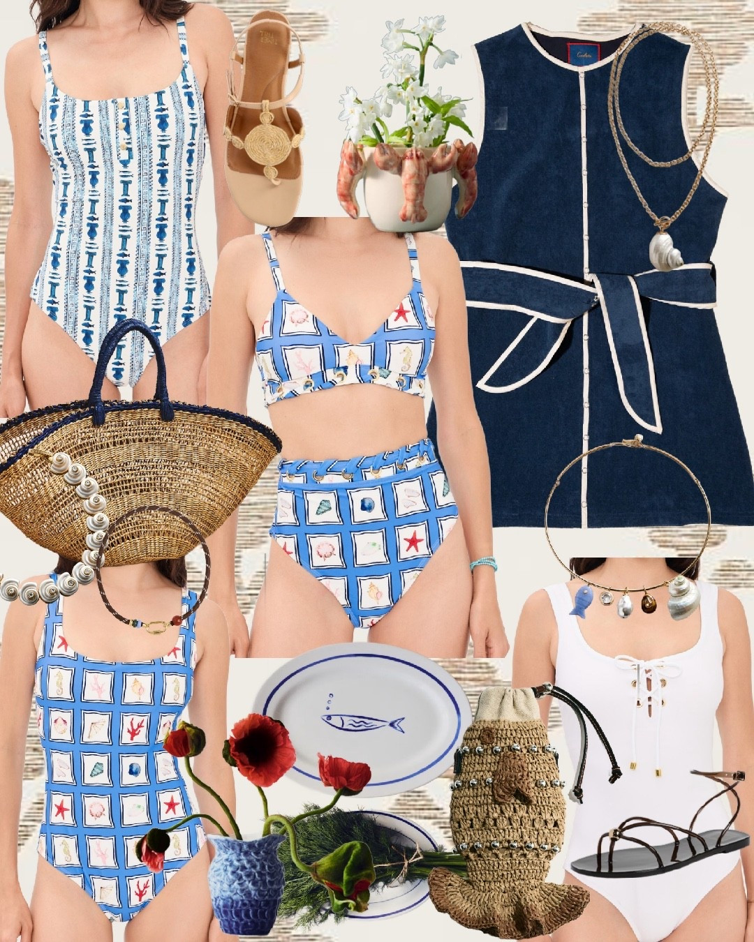 I LOVE these @STYLEST swimsuits! They are so flattering and suck you in! 

Coastal classics🐚💙 
All the seaside details I’m loving right now—tailored one-pieces, heirloom-inspired prints, woven textures, and the sweetest shell accents. This is your sign to lean into a polished coastal look that feels timeless (and not trendy).

From beach days to poolside lunches… these pieces just work together 🤍✨

Shop everything linked below ⬇️

⸻

Product List:

• Blue & white coastal print one-piece swimsuit
• Blue shell tile print bikini (top + high-waisted bottoms)
• Matching blue tile print one-piece swimsuit
• White lace-up one-piece swimsuit
• Navy tie-waist coverup / mini dress
• Straw fish-shaped novelty bag
• Woven straw tote with navy trim
• Brown strappy flat sandals
• Tan sandals with gold shell medallion
• Shell statement necklace
• Mixed charm coastal necklace
• Gold chain shell pendant necklace
• Blue fish charm necklace
• Blue textured vase
• Coastal lobster vase
• Blue & white fish serving platter

⸻

Hashtags:

#LTKSwim #LTKStyle #LTKSeasonal #CoastalStyle #GrandmillennialStyle #ClassicStyle #BeachOutfits #SwimwearStyle #ResortWear #PreppyStyle #TimelessStyle #SummerStyle #SeasideChic #CoastalGrandmillennial #BlueAndWhite #BeachCapsule #VacationStyle #ClassicFashion #ElevatedStyle #ChicFindsseimsuits! 