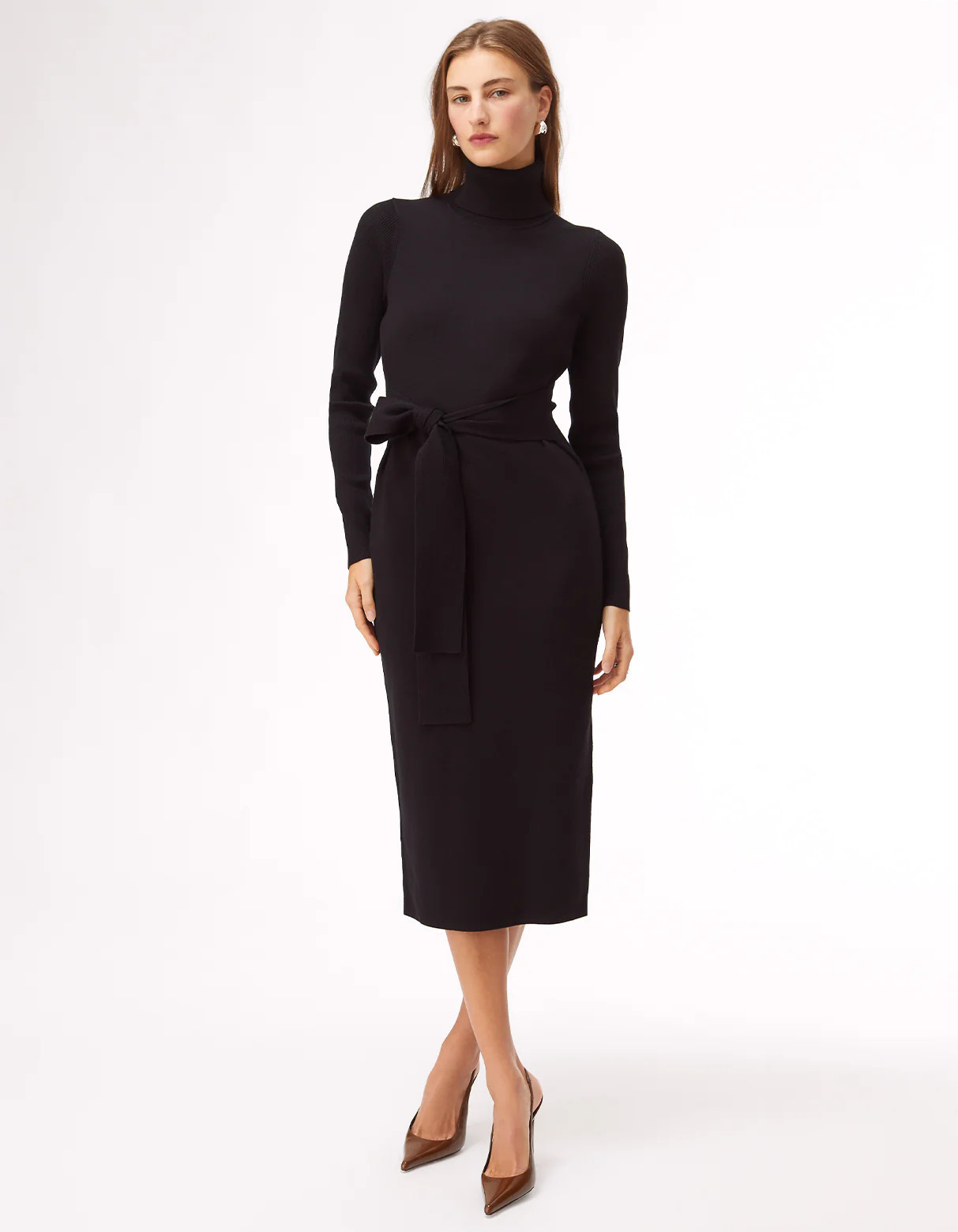 Women's black tie-front long sleeve bodycon turtleneck sweater dress | Toccin