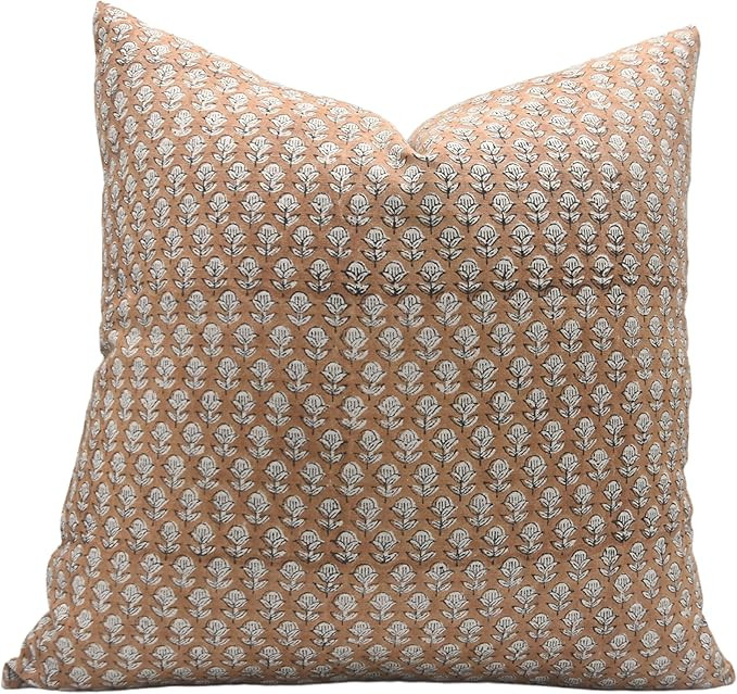 Handcraft Block Floral Print Pure Linen 18x18 Inch Throw Pillowcase Cushion Cover with Hidden Zip... | Amazon (US)