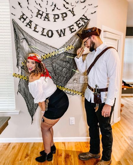 Couples Halloween Costume Inspo: Pirates 🏴‍☠️⚔️ 
#amazonfinds #halloween #halloweencostumes #adultcostumes #whitetop #smockedtop #skirt #bodycon #pirate #gold #headscarf #earrings #boots #costumekit #diycostume #costumeideas #couplecostumes #fishnets #bodychain 

#LTKHalloween #LTKSeasonal #LTKunder50
