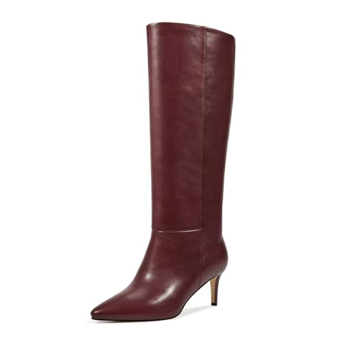 wetkiss Burgundy Knee High Boots for Women Low Kitten Heel Boots Pointed Toe Burgundy Tall Stiletto Thigh High Womens Red Long Boot | Amazon (US)