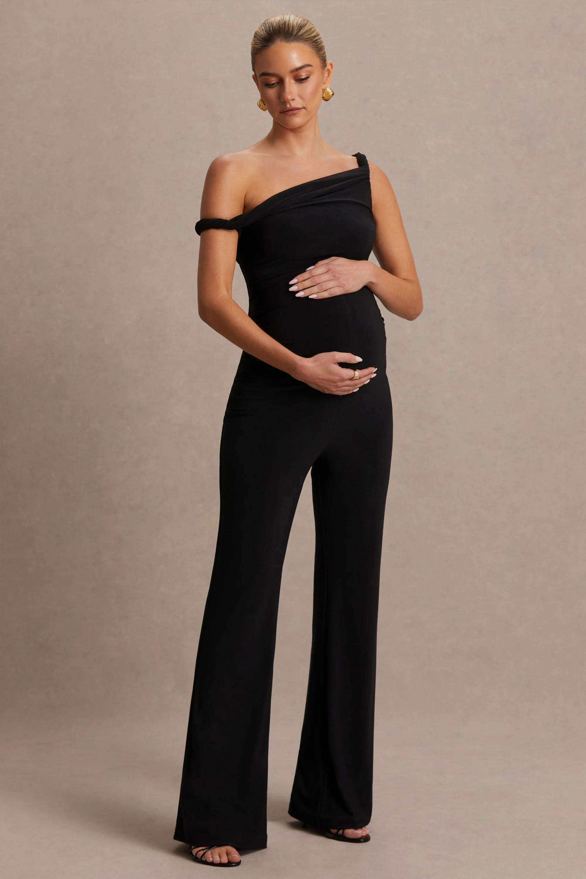Kira | Black Asymmetric-Neck Maternity Jumpsuit | Club L London