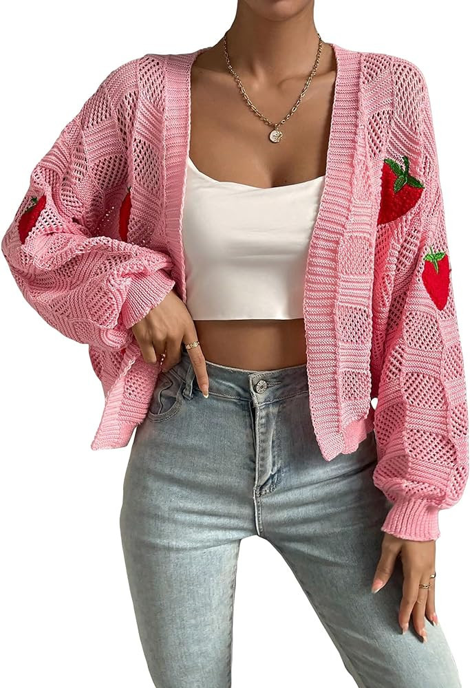 MakeMeChic Women's Strawberry Embroidered Open Front Long Sleeve Knitted Cardigan Sweater | Amazon (US)
