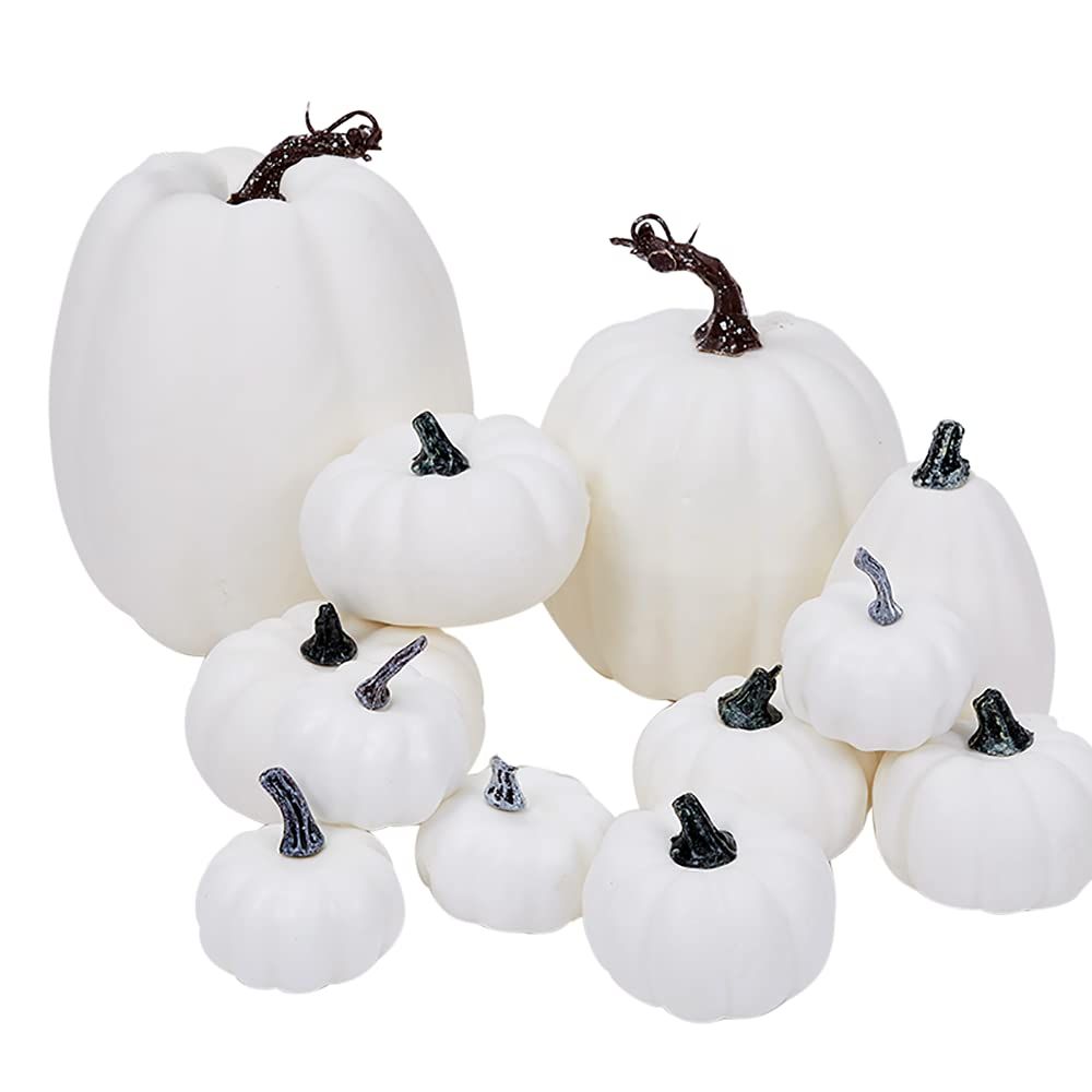 Artmag Package of 12 Pcs Assorted Sizes Artificial White Pumpkins Large Faux Harvest Pumpkins for Fa | Amazon (US)