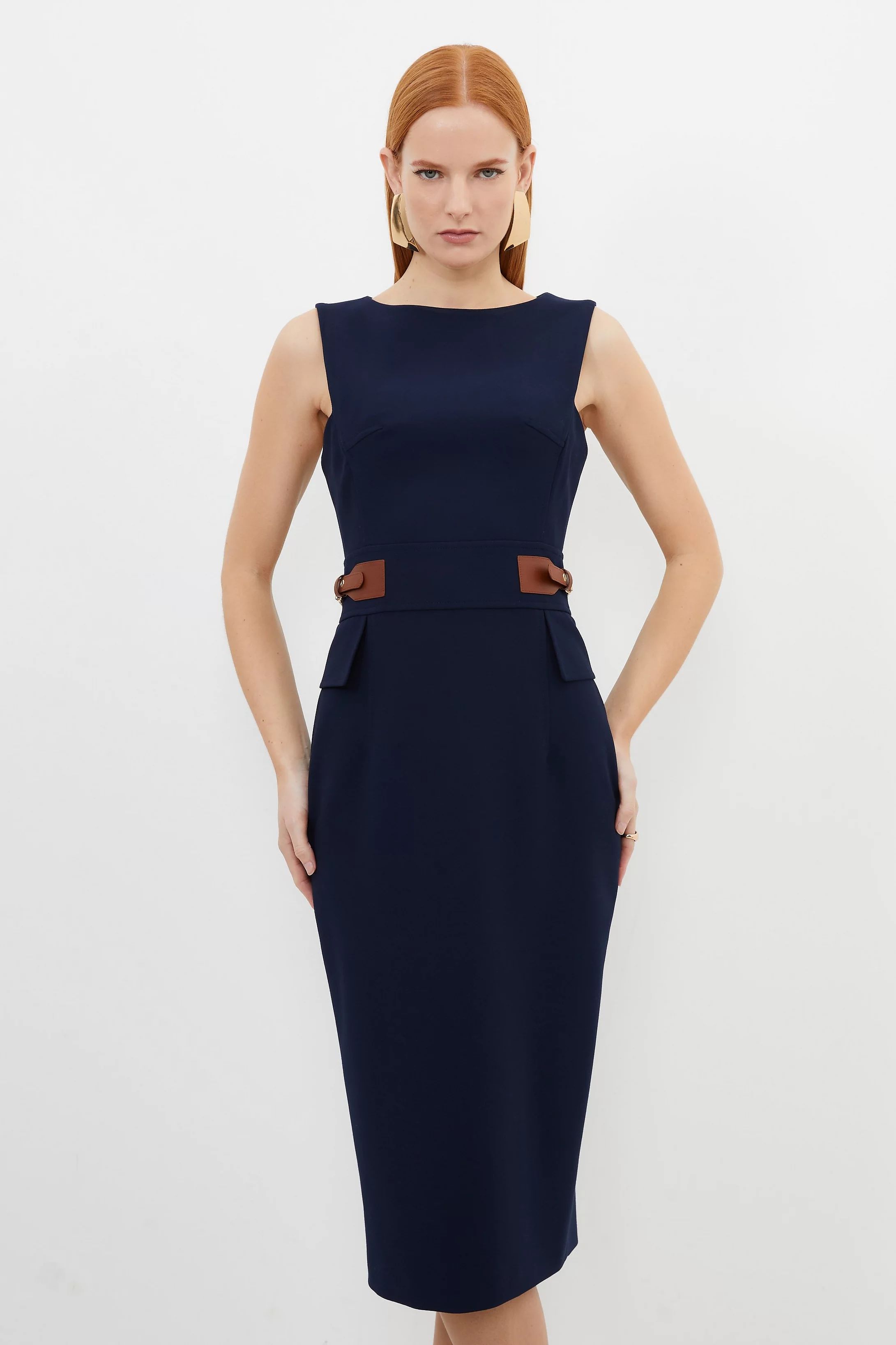 Compact Stretch Tab Waist Detail Tailored Midi Dress | Karen Millen UK + IE + DE + NL