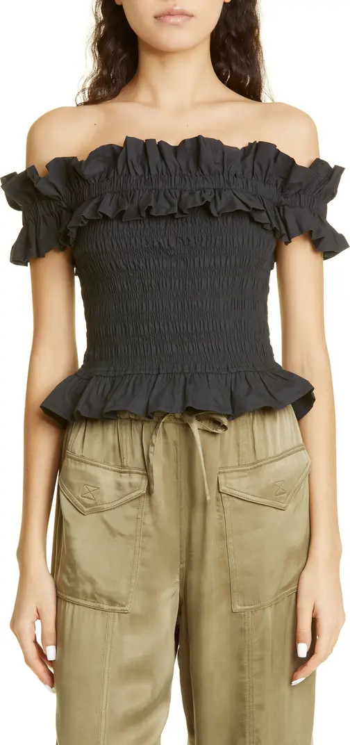 Ganni Shirred & Smocked Off the Shoulder Organic Cotton Top | Nordstrom | Nordstrom