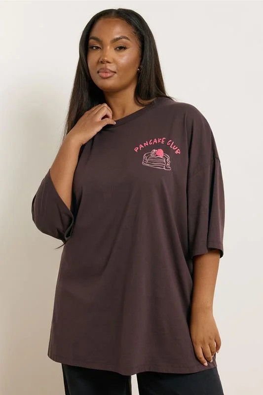 YOURS Plus Size Brown 'Pancake Club' Boxy Back Print T-Shirt | Yours Clothing UK