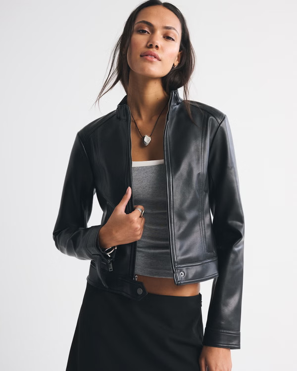 Slim Vegan Leather Mockneck Jacket | Abercrombie & Fitch (US)
