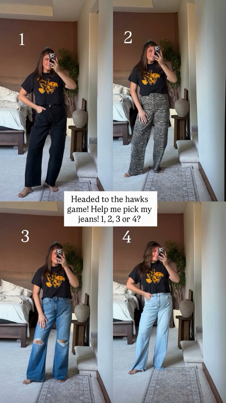 Headed to tailgate for the football game tomorrow, which jeans should I wear?
Pair one size 32 from @abercrombie 
Pair 2 size 16 (size up) from @Walmart 
Pair 3 size 32 from @Target @levi 
Pair 4 size 14 from @American Eagle Outfitters 

Jeans for fall!