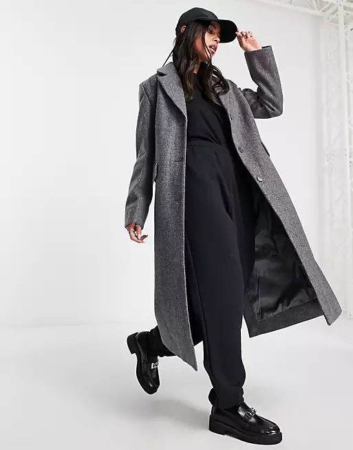 Weekday Daphne double breasted formal maxi coat in dark gray | ASOS (Global)