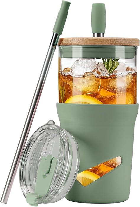 Glass Tumbler with Lids and Straws, 20 oz Iced Coffee Cup and Smoothie Cup with Bamboo Lid and On... | Amazon (US)