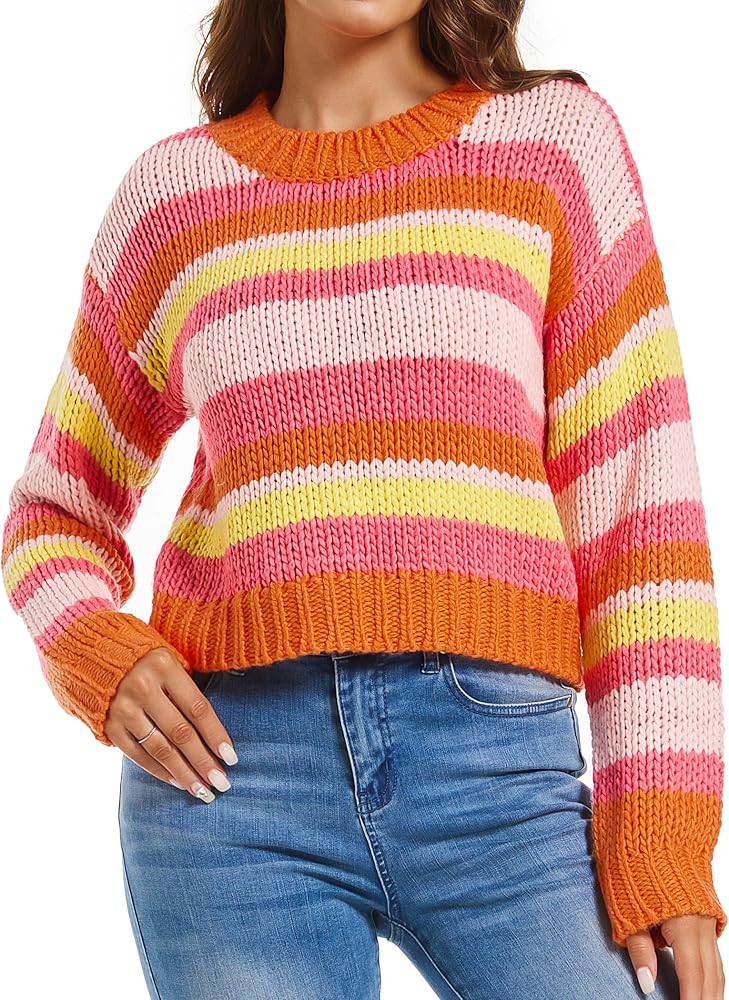 Womens Warm Sweaters Striped Color Block Cropped Pullover Fall Winter Knitted Top | Amazon (US)