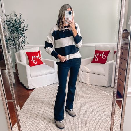 Striped sweater long enough for leggings in a small 
Black bootcut jeans fit true to size


#LTKshoecrush #LTKstyletip #LTKunder50