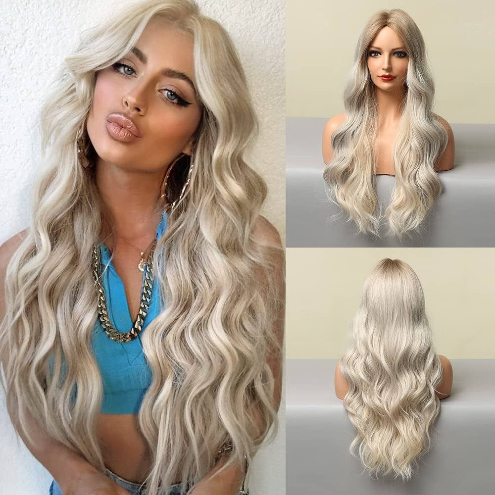ROVAYA Long Wavy Wig Brown Ombre Grey Platinum Blonde Wigs for Women Synthetic Middle Part Curly ... | Amazon (US)