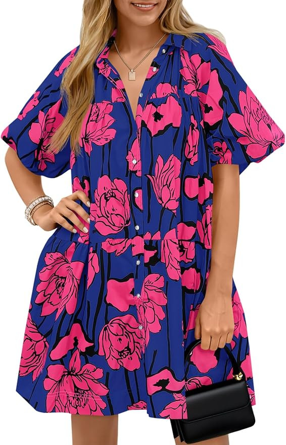 Wenrine Women's Summer Button Down Shirt Dress Floral Puff Short Sleeve Casual Loose Fit Beach Mi... | Amazon (US)