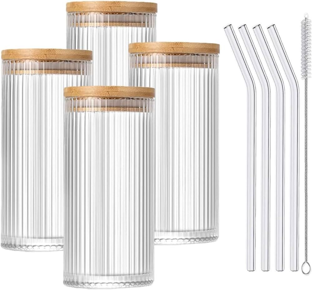 Amazon.com | MIZT 4-Piece Bamboo Lid Glass Tumbler Set - 13 oz Ribbed Glass with Straws for Iced ... | Amazon (US)
